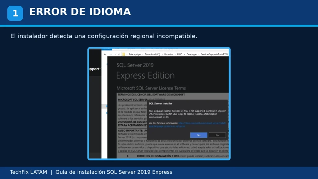 Error al instalar SQL Server 2019 Express por incompatibilidad de idioma en Windows 10.