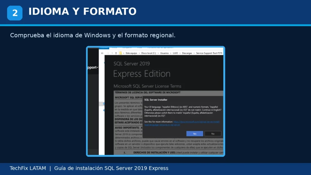 Incompatibilidad entre idioma de Windows y formato regional al instalar SQL Server 2019.