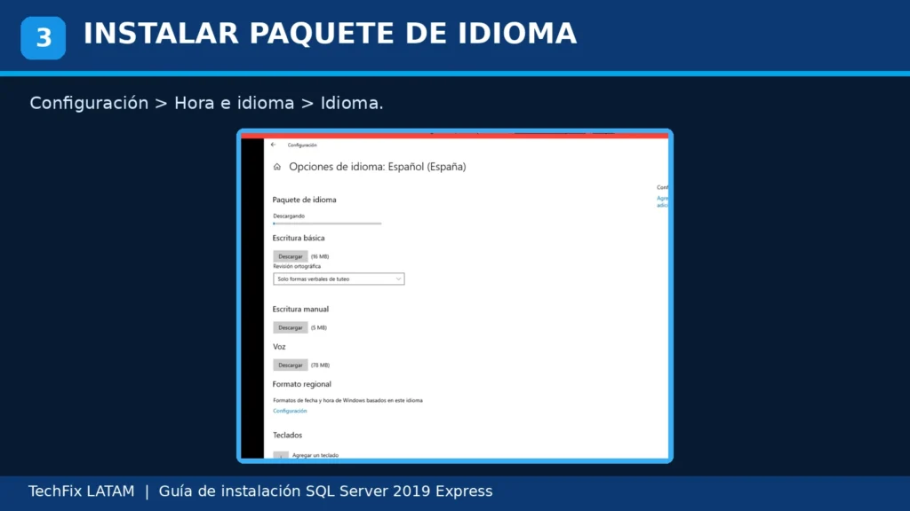 Descarga del paquete de idioma Español España en Windows 10 para instalar SQL Server 2019.