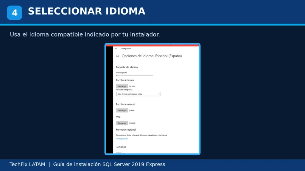 Configuración del idioma para mostrar de Windows 10 compatible con SQL Server 2019 Express.