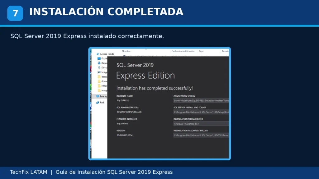 Instalación completada correctamente de SQL Server 2019 Express con instancia SQLEXPRESS.