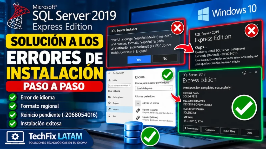 Solución al error al instalar SQL Server 2019 Express por incompatibilidad de idioma y reinicio pendiente en Windows 10.