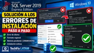 Solución al error al instalar SQL Server 2019 Express por incompatibilidad de idioma y reinicio pendiente en Windows 10.