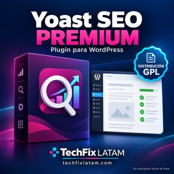 Portada de Yoast SEO Premium para WordPress con distintivo de distribución GPL y marca TechFix LATAM